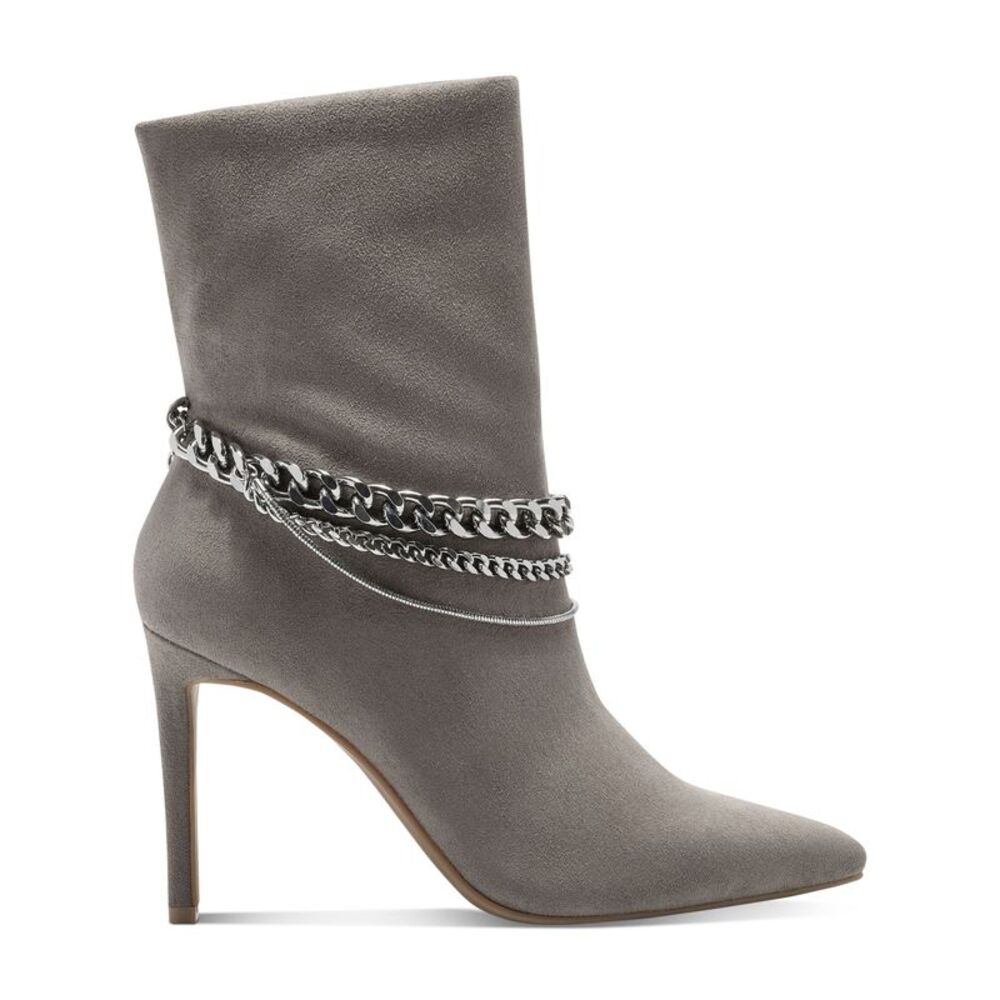 INC Womens Gray Removable Chain Goring Reanna Pointed Toe Stiletto Booties 8.5 M